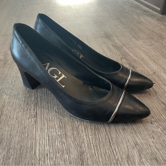 AGL Black Leather Silver Accent Pointed Toe Block Heels - Picture 1 of 11